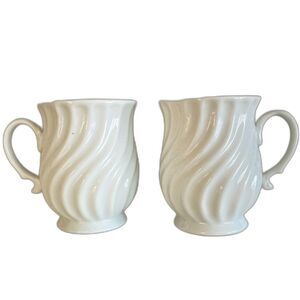 SWIRL Ceramic Pedestal Mugs Footed with Handle Vintage White Set of Two